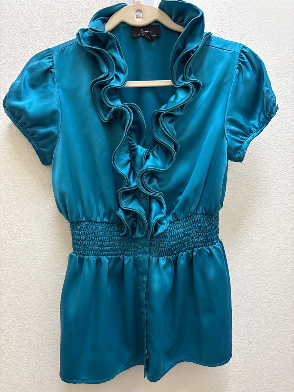 Bwear Teal Satin Ruffle Front Blouse
